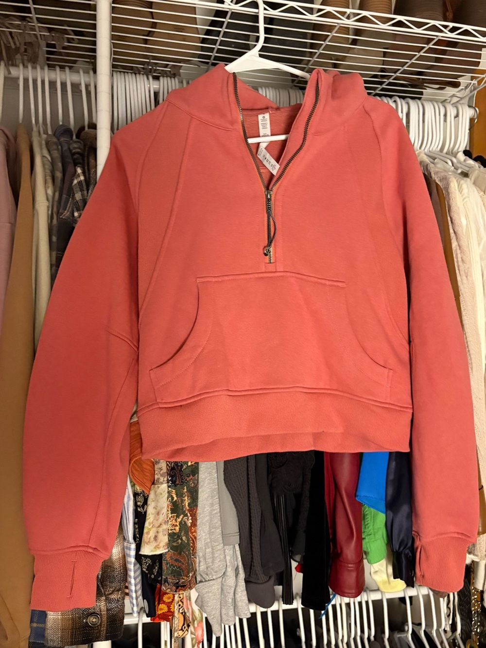 lululemon athletica Cropped Half-Zip Hoodie in Coral - Picture 1 of 3